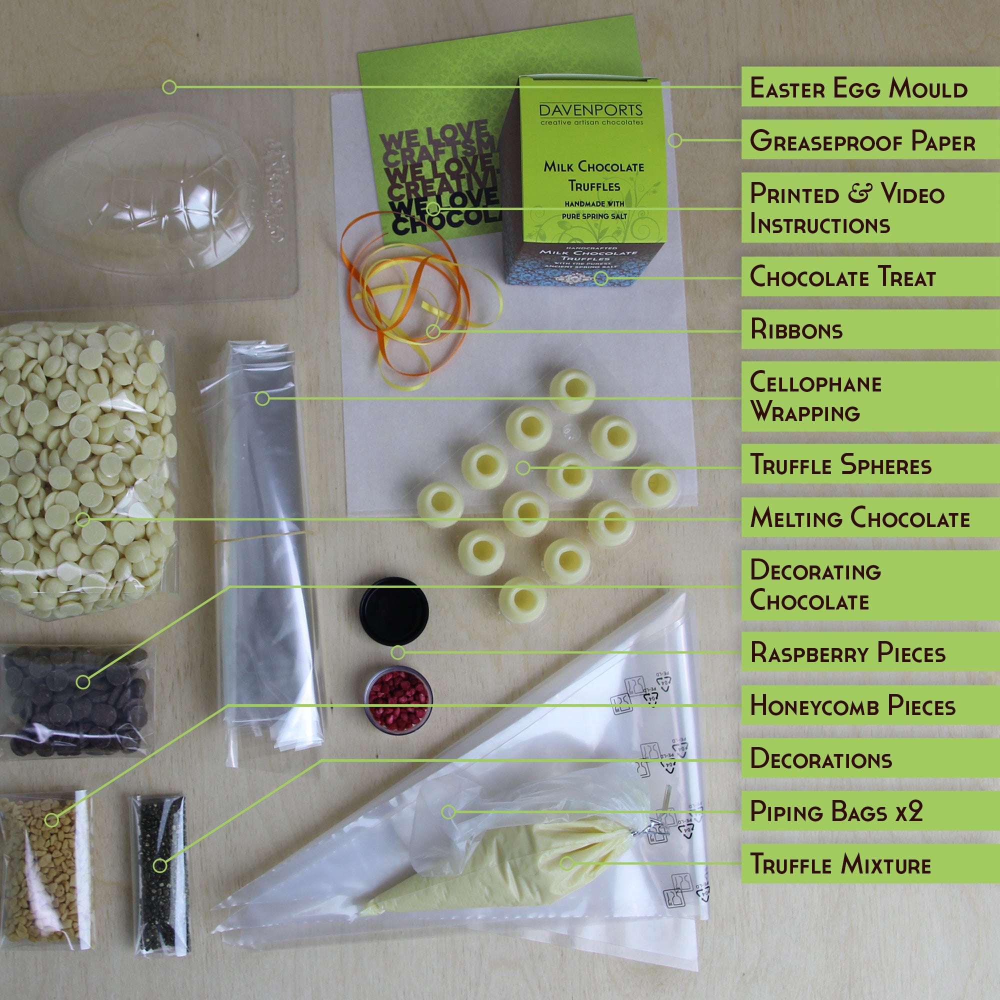 Davenport's Chocolates, White Chocolate Easter Egg Kit Items